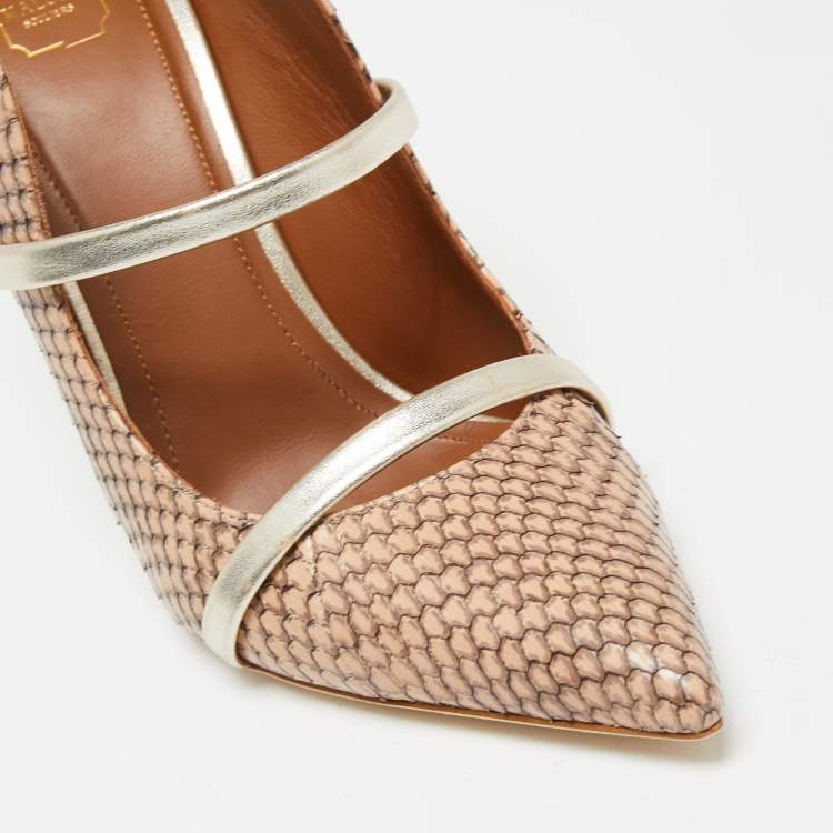 مملوكة مسبقًا Malone Souliers Beige/Gold Snakeskin Leather Maureen Pointed-Toe Mules Size 37.5