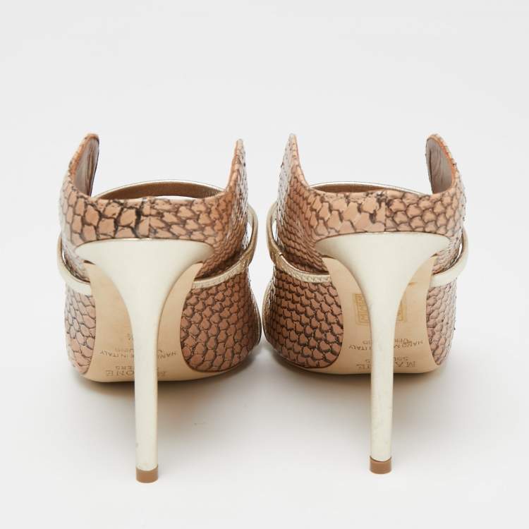 مملوكة مسبقًا Malone Souliers Beige/Gold Snakeskin Leather Maureen Pointed-Toe Mules Size 37.5