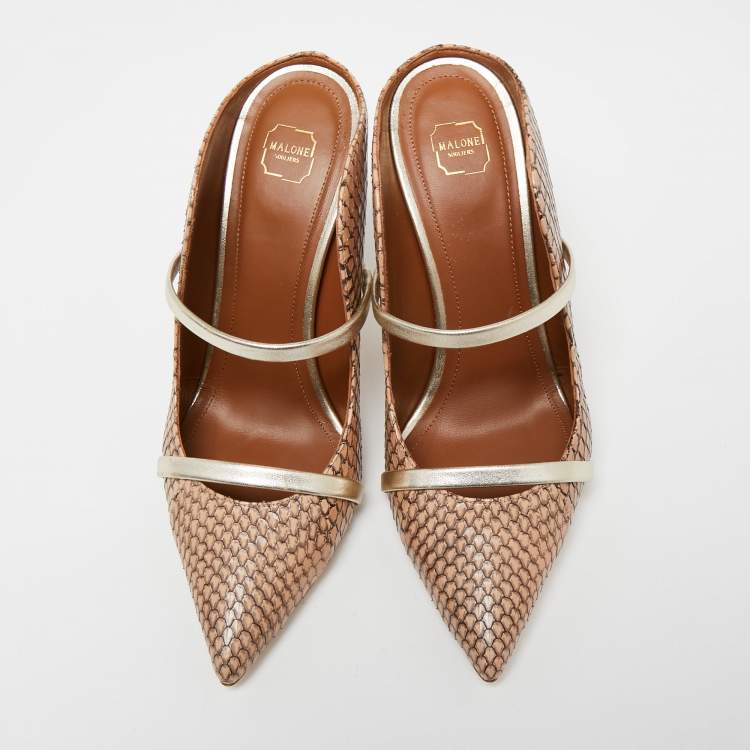 مملوكة مسبقًا Malone Souliers Beige/Gold Snakeskin Leather Maureen Pointed-Toe Mules Size 37.5
