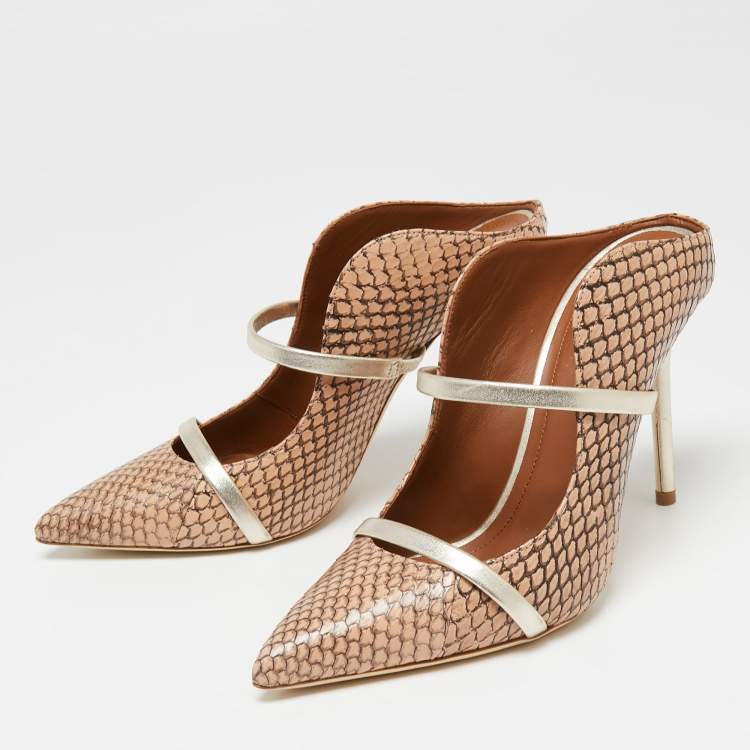 مملوكة مسبقًا Malone Souliers Beige/Gold Snakeskin Leather Maureen Pointed-Toe Mules Size 37.5