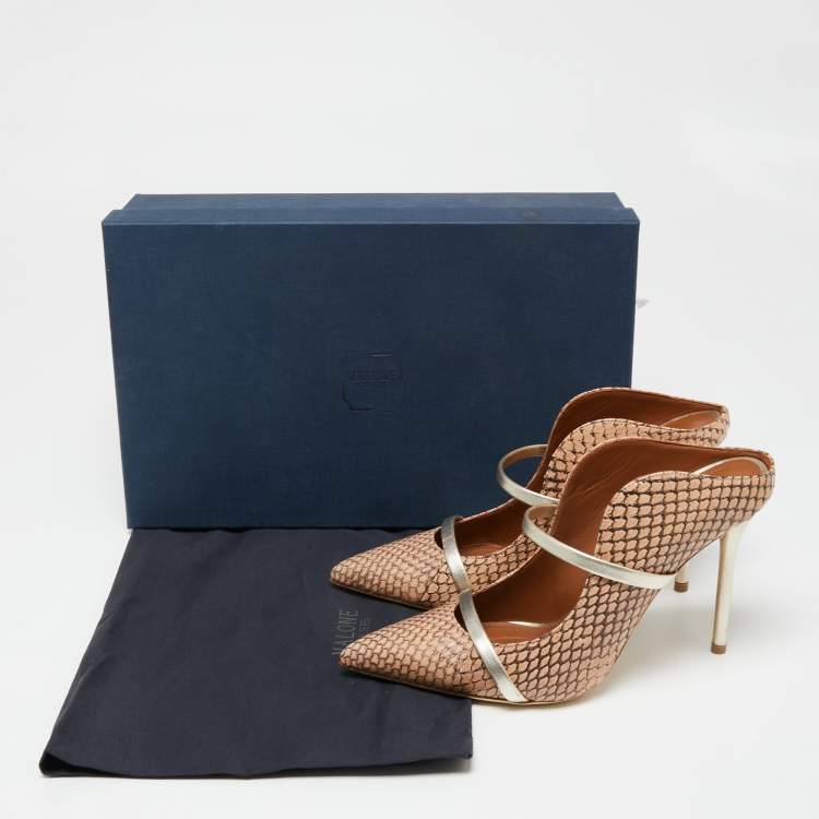 مملوكة مسبقًا Malone Souliers Beige/Gold Snakeskin Leather Maureen Pointed-Toe Mules Size 37.5