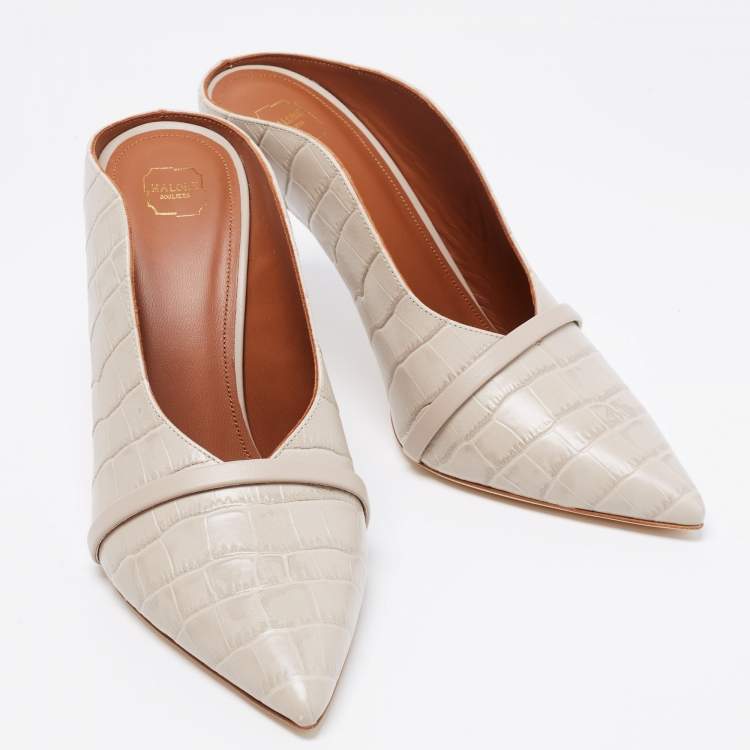 Pre Owned Malone Souliers Grey Croc Embossed Leather Mules Size 38