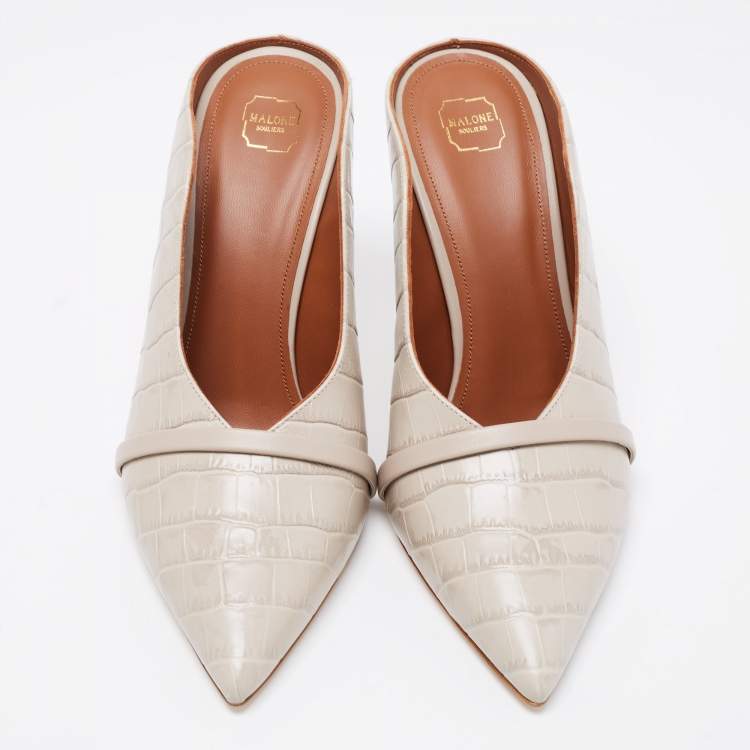 Pre Owned Malone Souliers Grey Croc Embossed Leather Mules Size 38