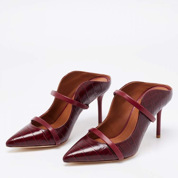 Pre Owned Malone Souliers Burgundy Croc Embossed Leather Maureen Mules Size  35