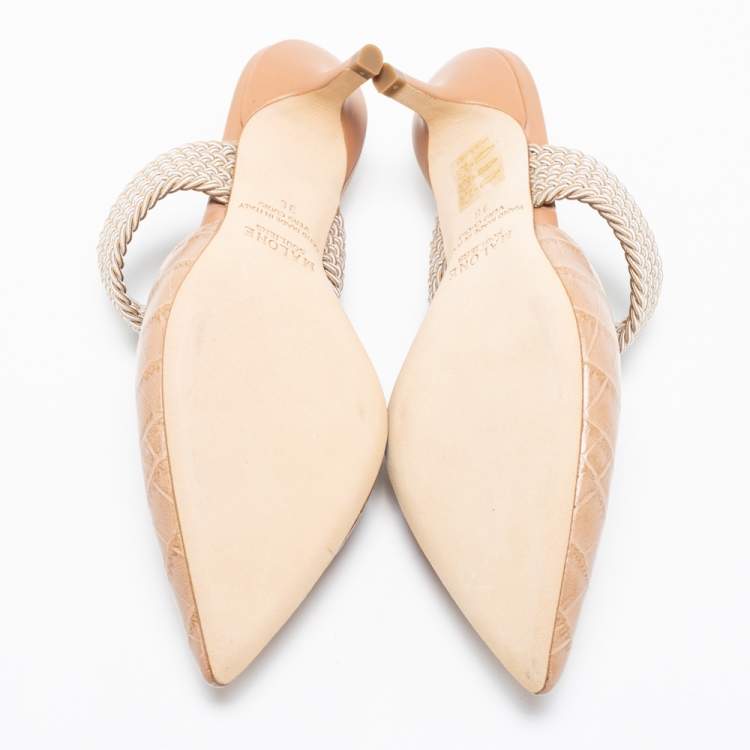Pre Owned Malone Souliers Beige Croc Embossed Leather And Cord Maisie Pointed Toe Mules Sandals Size 36
