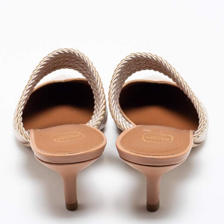 Pre Owned Malone Souliers Beige Croc Embossed Leather And Cord Maisie Pointed Toe Mules Sandals Size 36