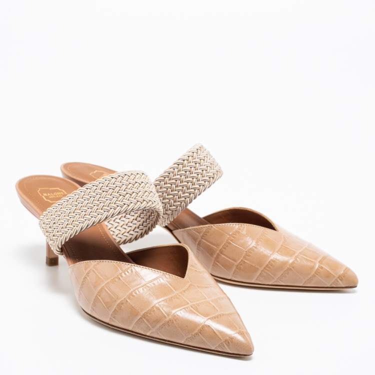 Pre Owned Malone Souliers Beige Croc Embossed Leather And Cord Maisie Pointed Toe Mules Sandals Size 36