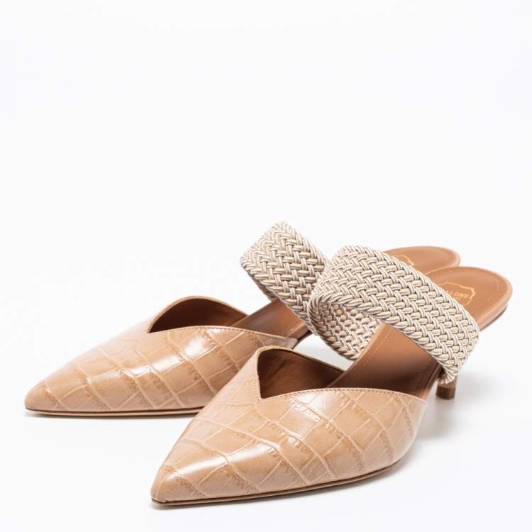 Pre Owned Malone Souliers Beige Croc Embossed Leather And Cord Maisie Pointed Toe Mules Sandals Size 36
