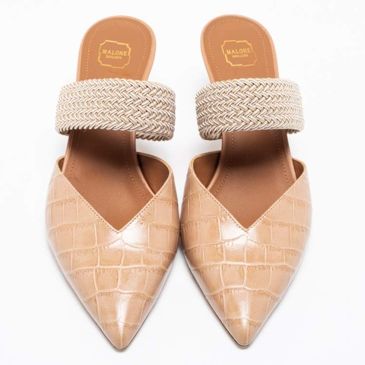 Pre Owned Malone Souliers Beige Croc Embossed Leather And Cord Maisie Pointed Toe Mules Sandals Size 36
