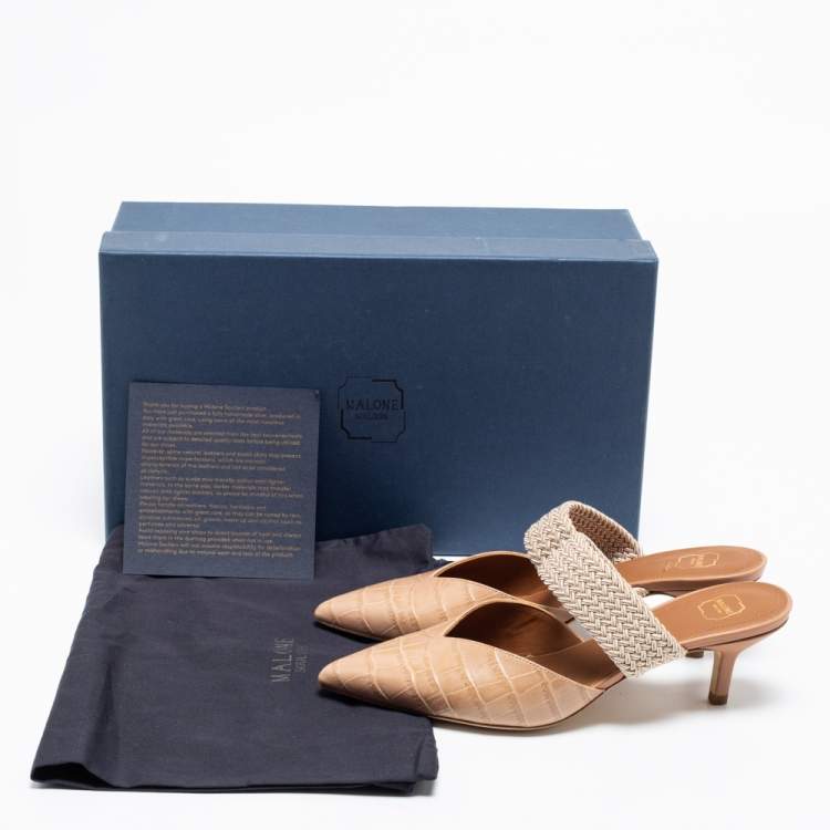 Pre Owned Malone Souliers Beige Croc Embossed Leather And Cord Maisie Pointed Toe Mules Sandals Size 36