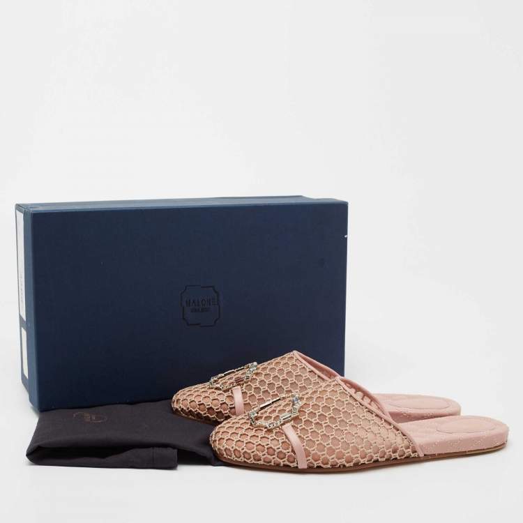 مملوكة مسبقًا Malone Souliers Pink Mesh and Leather Crystal Embellished Flat Mules Size 40