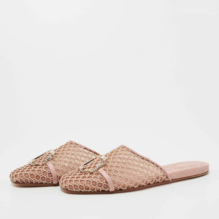 مملوكة مسبقًا Malone Souliers Pink Mesh and Leather Crystal Embellished Flat Mules Size 40