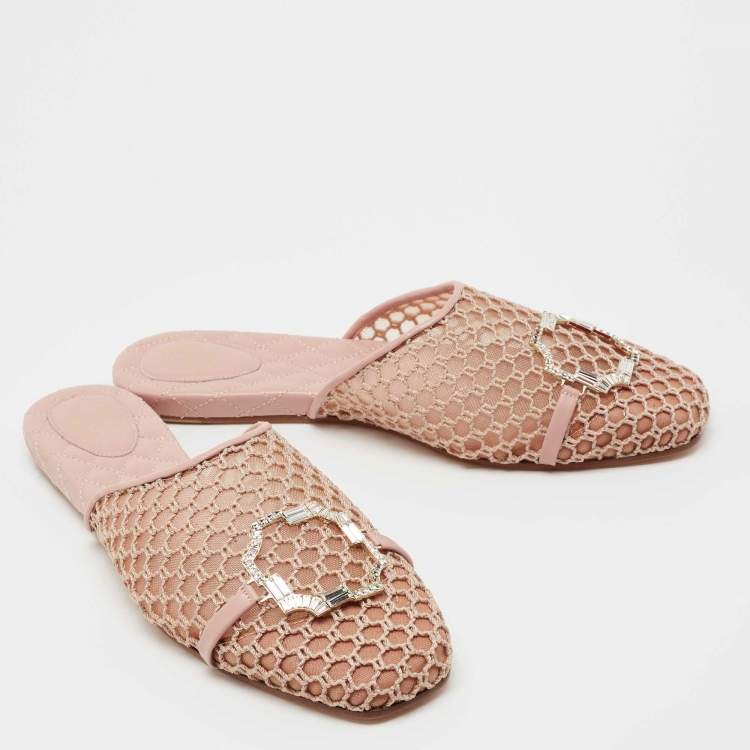 مملوكة مسبقًا Malone Souliers Pink Mesh and Leather Crystal Embellished Flat Mules Size 40