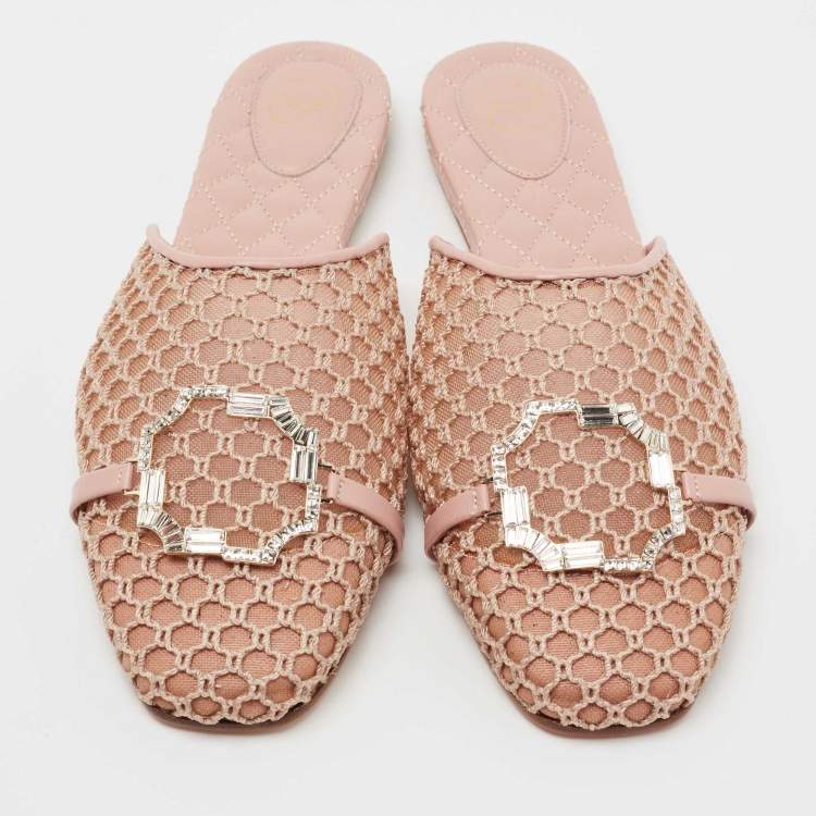 مملوكة مسبقًا Malone Souliers Pink Mesh and Leather Crystal Embellished Flat Mules Size 40