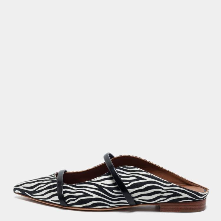 Pre Owned Malone Souliers White and Black Satin and Leather Maisie Mules Size 35.5