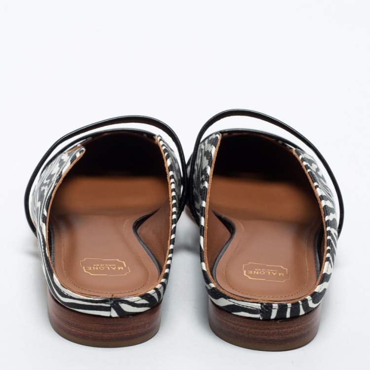 Pre Owned Malone Souliers White and Black Satin and Leather Maisie Mules Size 35.5