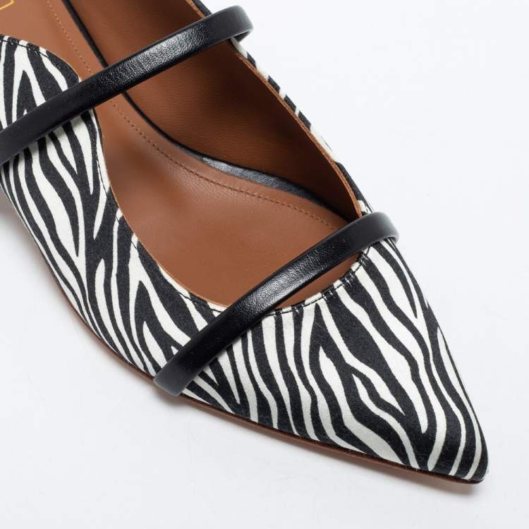 Pre Owned Malone Souliers White and Black Satin and Leather Maisie Mules Size 35.5