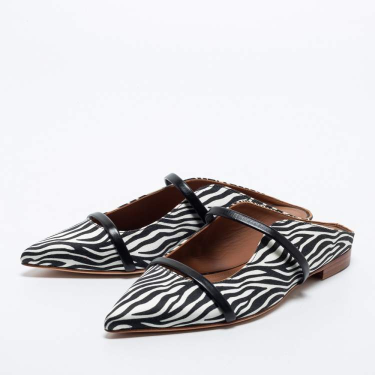 Pre Owned Malone Souliers White and Black Satin and Leather Maisie Mules Size 35.5