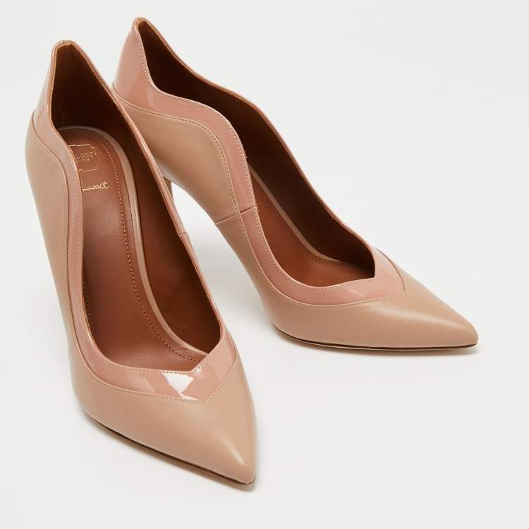 Pre Owned Malone Souliers By Roy Luwolt Optic Beige Leather and Patent Penelope Pointed Toe Pumps Size 40