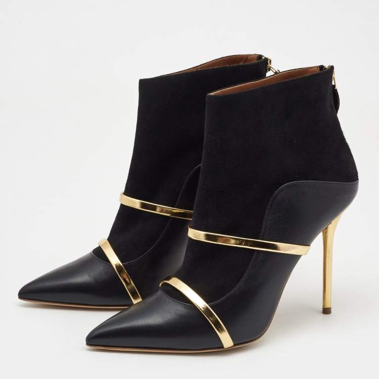 Pre Owned Malone Souliers Black/Gold Leather and Suede Madison Ankle Booties Size 42