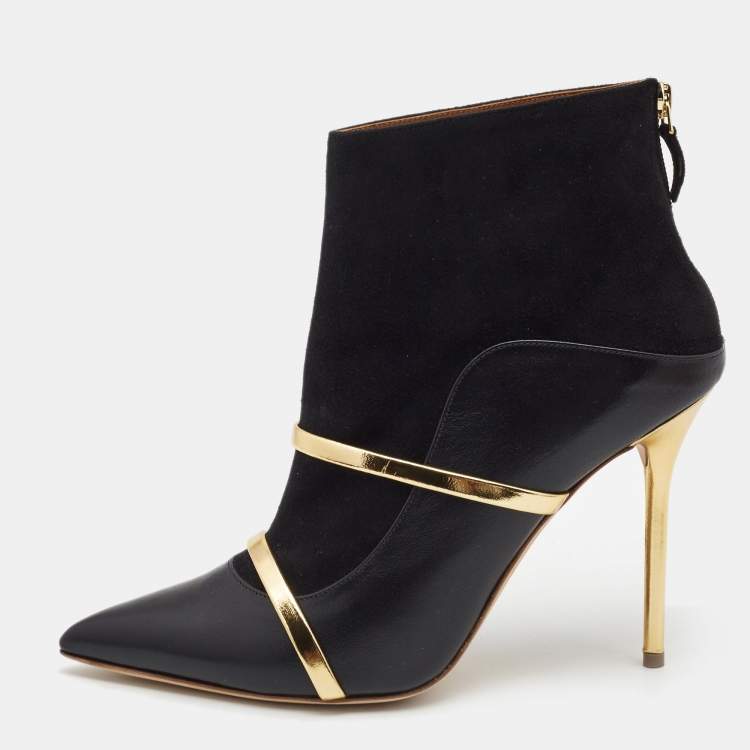 Pre Owned Malone Souliers Black/Gold Leather and Suede Madison Ankle Booties Size 42