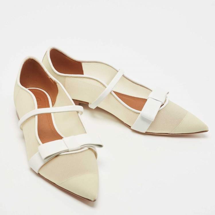 Pre Owned Malone Souliers Cream/White Mesh and Leather Margueritee Ballet Flats Size 37
