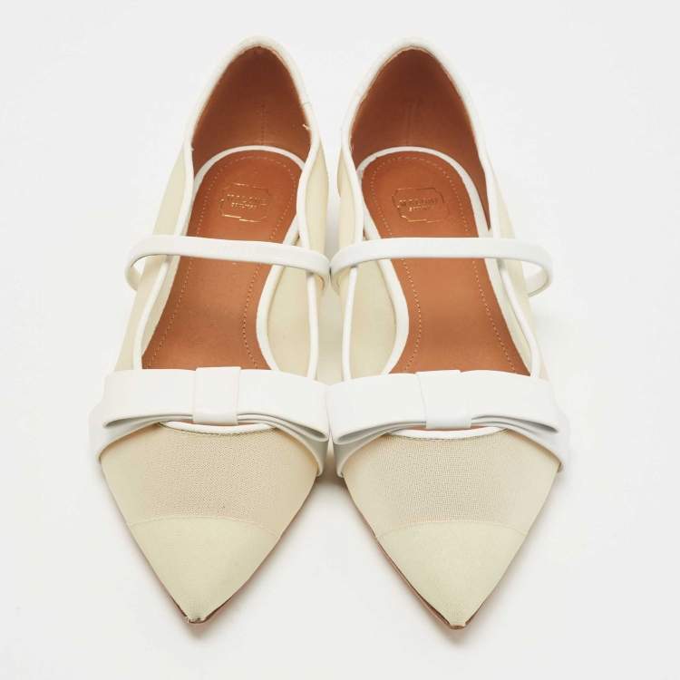 Pre Owned Malone Souliers Cream/White Mesh and Leather Margueritee Ballet Flats Size 37