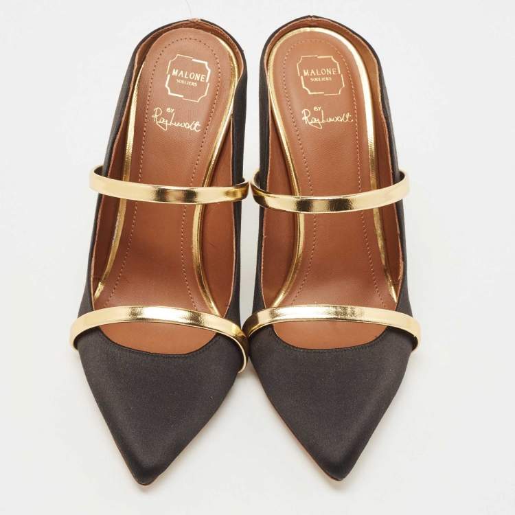 Pre Owned Malone Souliers Black/Gold Satin Maureen Pumps Size 36
