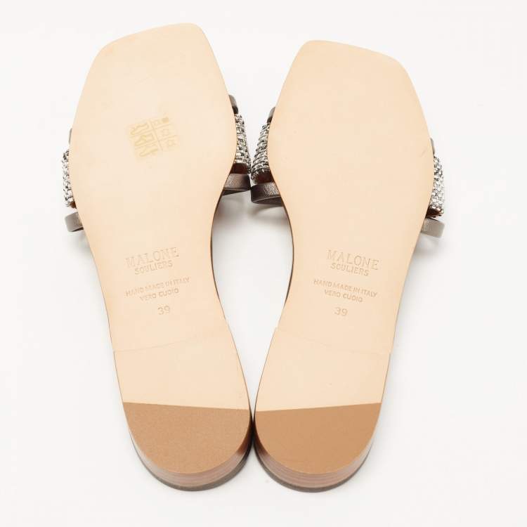 Pre Owned Malone Souliers Metallic Grey/Silver Leather And Fabric Demi Flat Slides Size 39