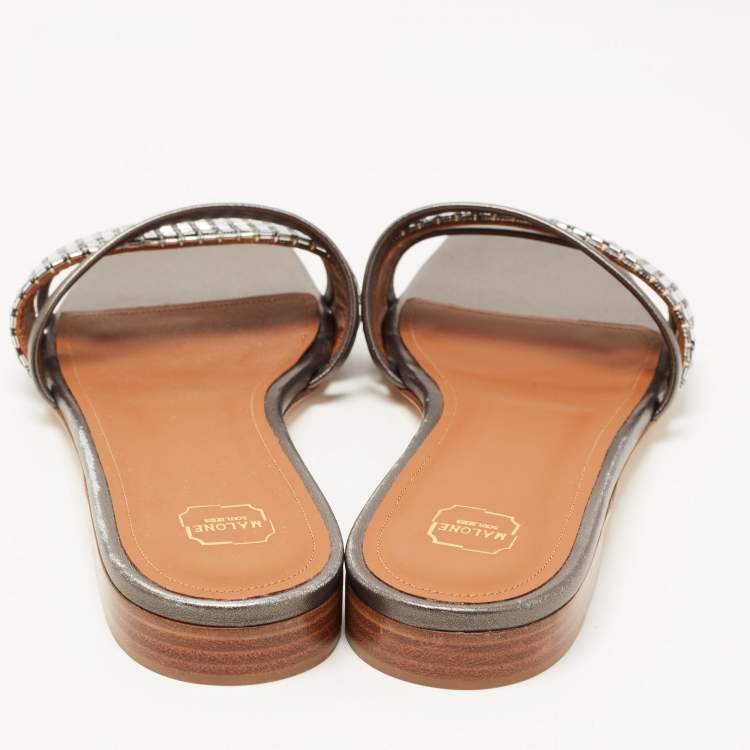 Pre Owned Malone Souliers Metallic Grey/Silver Leather And Fabric Demi Flat Slides Size 39