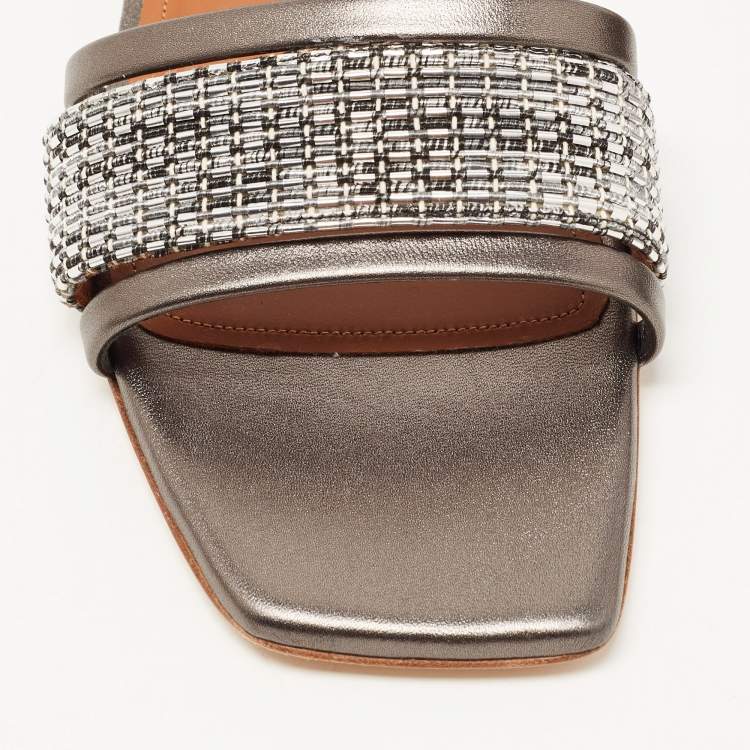 Pre Owned Malone Souliers Metallic Grey/Silver Leather And Fabric Demi Flat Slides Size 39