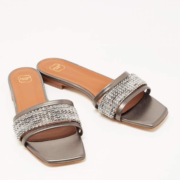 Pre Owned Malone Souliers Metallic Grey/Silver Leather And Fabric Demi Flat Slides Size 39