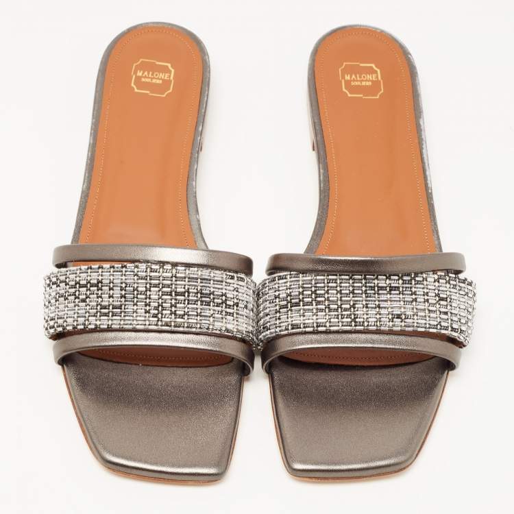 Pre Owned Malone Souliers Metallic Grey/Silver Leather And Fabric Demi Flat Slides Size 39