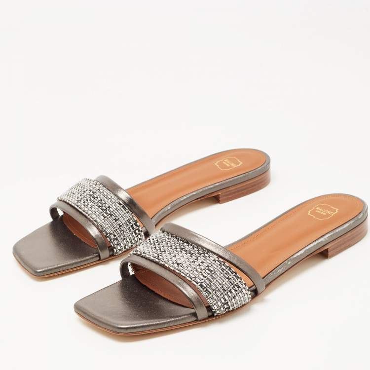 Pre Owned Malone Souliers Metallic Grey/Silver Leather And Fabric Demi Flat Slides Size 39