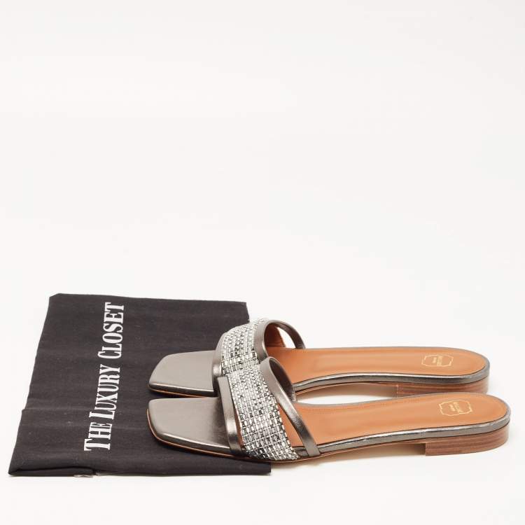 Pre Owned Malone Souliers Metallic Grey/Silver Leather And Fabric Demi Flat Slides Size 39