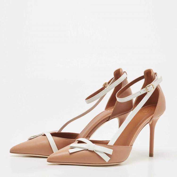 Pre Owned Malone Souliers Beige/White Leather Ankle Strap Sandals Size 38