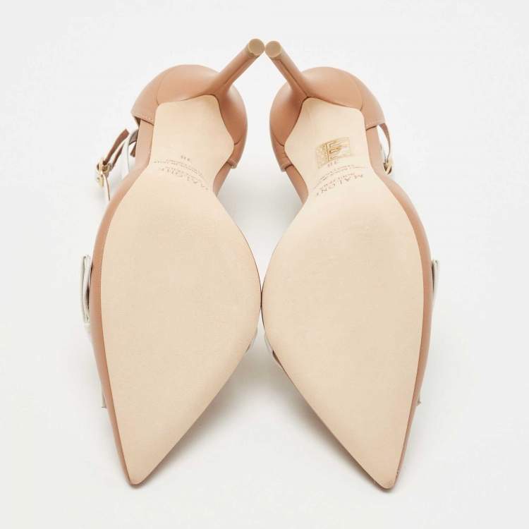 Pre Owned Malone Souliers Beige/White Leather Ankle Strap Sandals Size 38