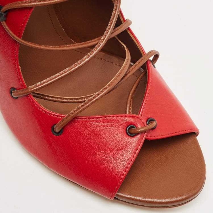 Pre Owned Malone Souliers Red Leather Lace Up Pumps Size 38.5