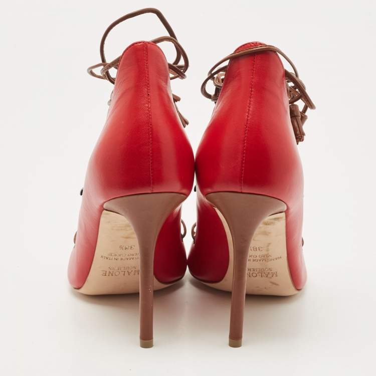 Pre Owned Malone Souliers Red Leather Lace Up Pumps Size 38.5