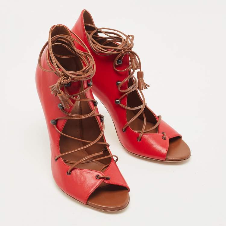 Pre Owned Malone Souliers Red Leather Lace Up Pumps Size 38.5