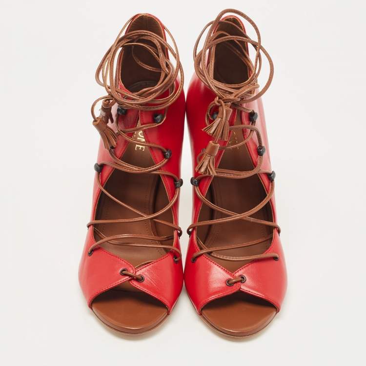 Pre Owned Malone Souliers Red Leather Lace Up Pumps Size 38.5