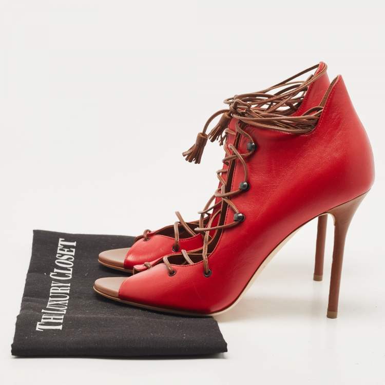 Pre Owned Malone Souliers Red Leather Lace Up Pumps Size 38.5