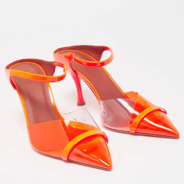 Pre Owned Malone Souliers Neon Orange PVC and Patent Leather Iona Mules Size 39.5