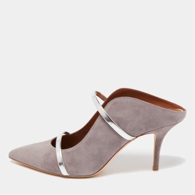 Pre Owned Malone Souliers Grey/Silver Suede and Leather Maureen  Mules Size 42