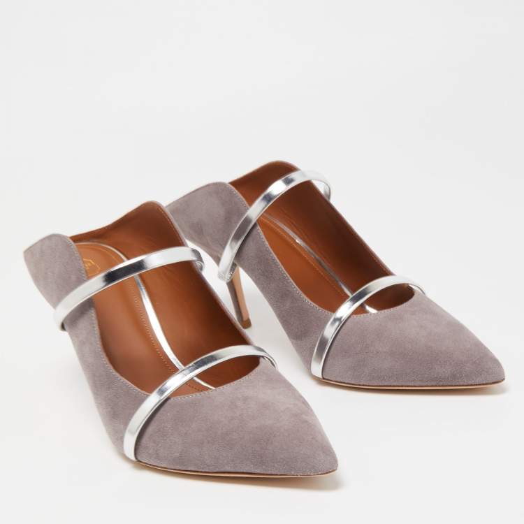 Pre Owned Malone Souliers Grey/Silver Suede and Leather Maureen  Mules Size 42