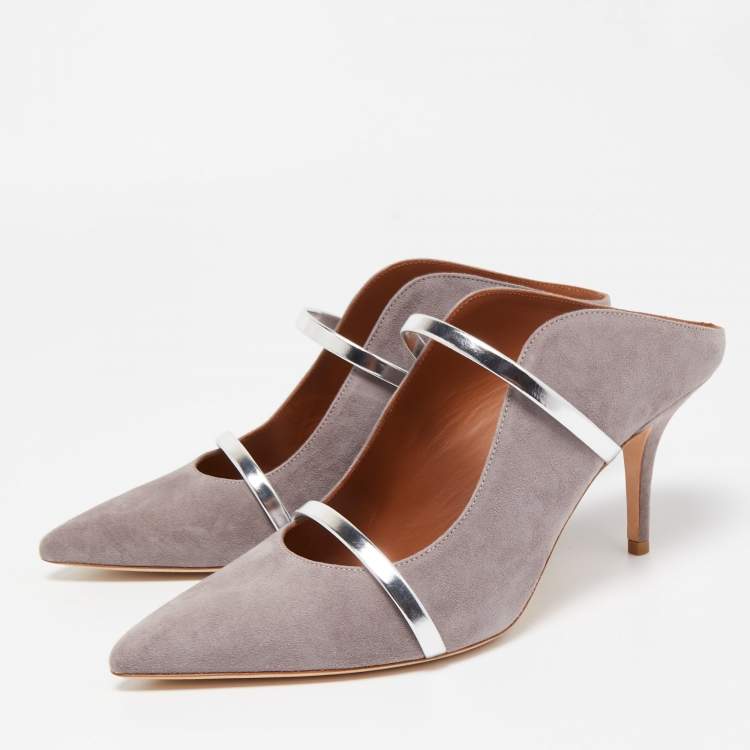 Pre Owned Malone Souliers Grey/Silver Suede and Leather Maureen  Mules Size 42