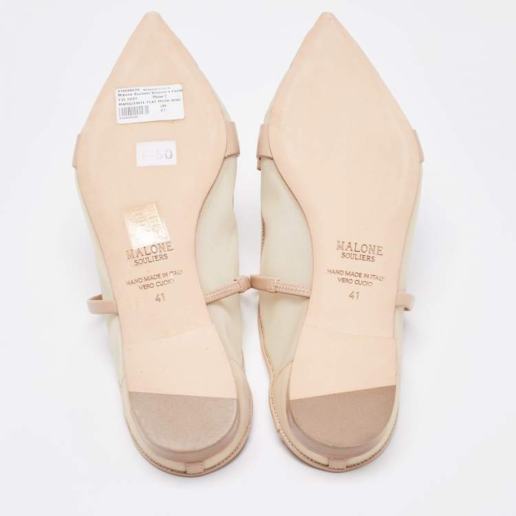 Pre Owned Malone Souliers Beige Mesh and Leather Marguerite Bow Flat Mules Size 41
