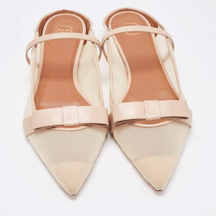 Pre Owned Malone Souliers Beige Mesh and Leather Marguerite Bow Flat Mules Size 41