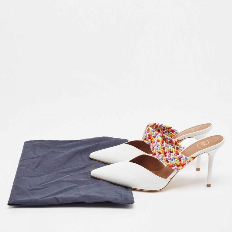 Pre Owned Malone Souliers White/Multicolor Leather and Woven Fabric Maisie Mules Size 39