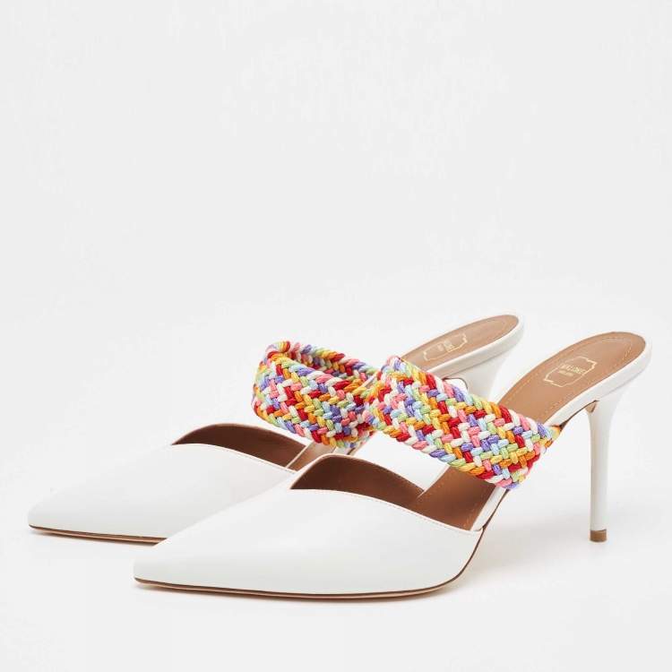 Pre Owned Malone Souliers White/Multicolor Leather and Woven Fabric Maisie Mules Size 39